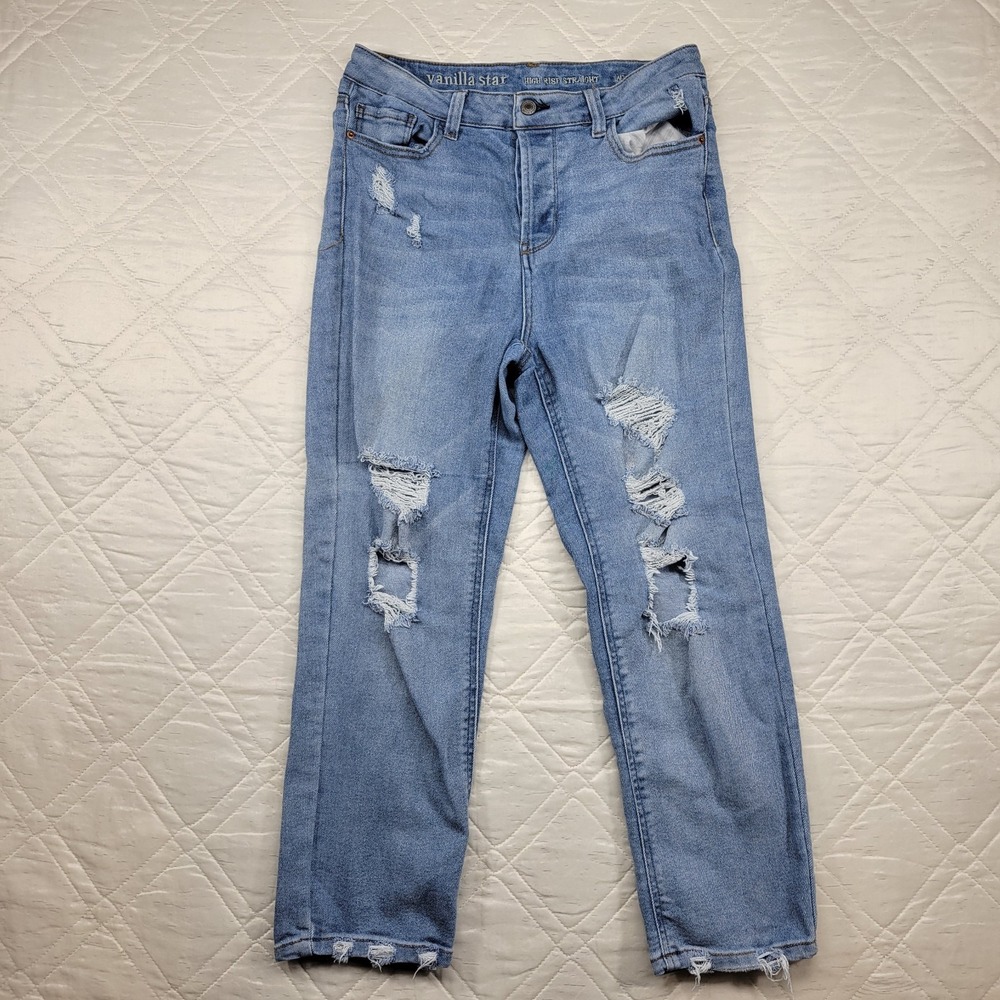 vinalla star‎ high rise straight distressed blue buttonfly jeans size 11
